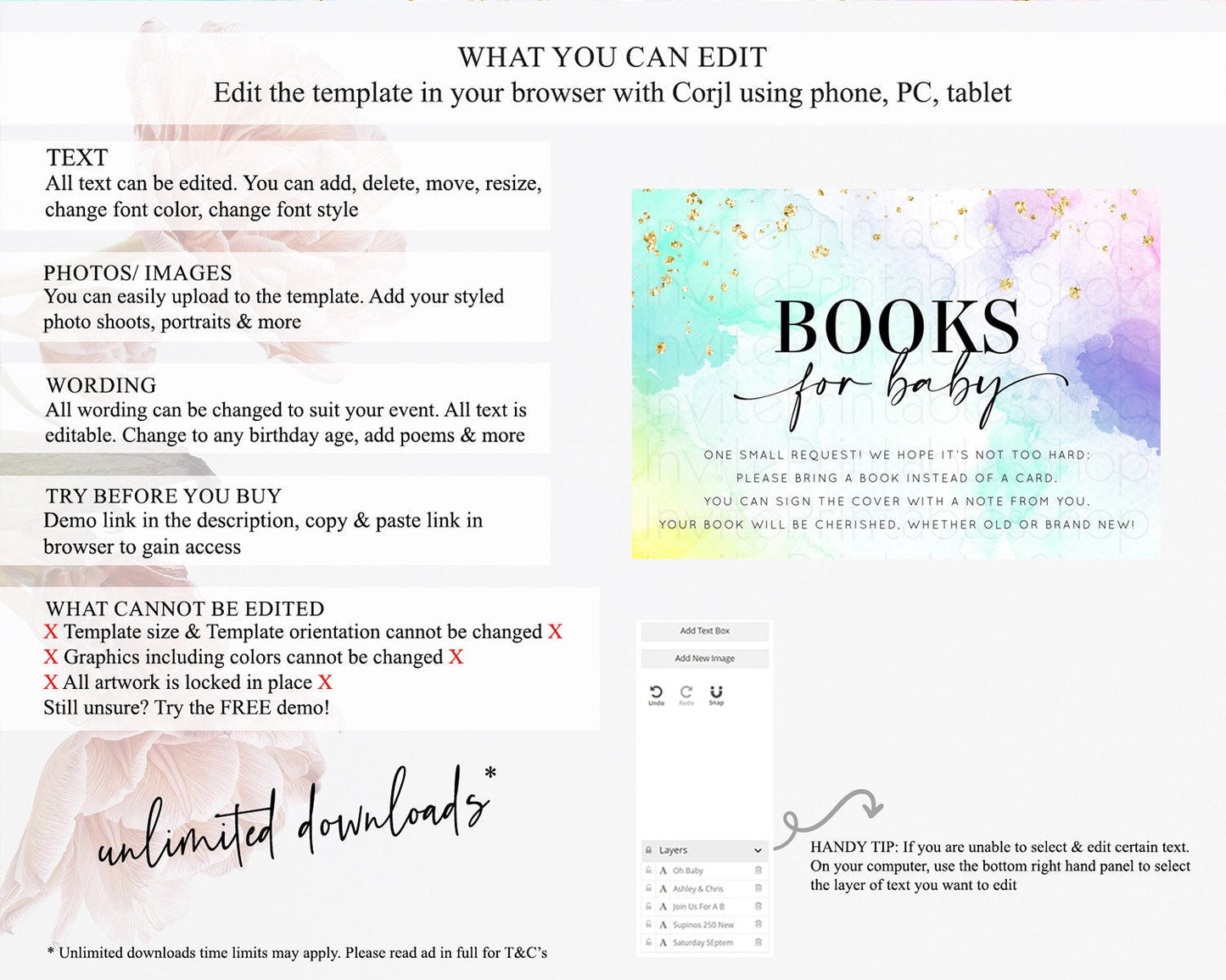 Pastel Books For Baby Card Pastel Rainbow Book Insert Colorful Ombre Watercolor Book Card Confetti Glitter Baby Book Poem Request D10157