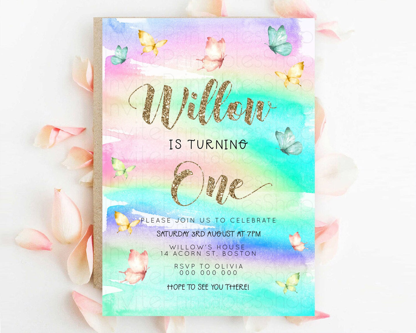 Pastel Butterfly Birthday Invitation Butterfly Birthday Invitation Colorful Splash Glitter Butterfly Garden 1st 2nd Birthday D23214