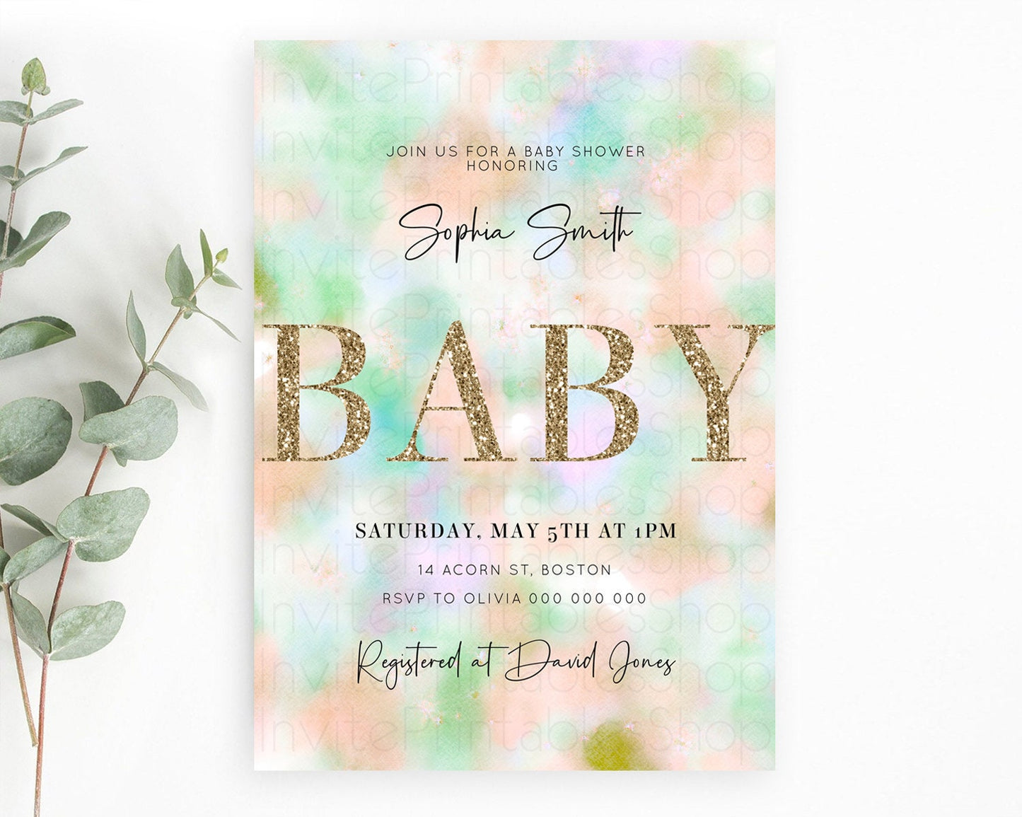 Watercolor Baby Shower Invitation, Pastel Orange and Green Tie Dye, Clouds, Gold Glitter Sprinkles, Rainbow, Colorful Pastel Ombre D10693