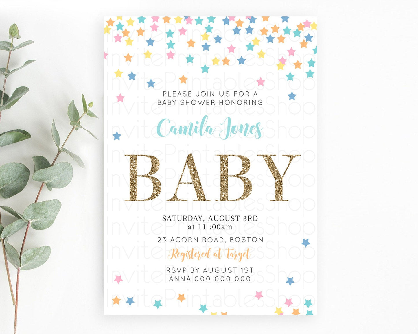 Twinkle Star Baby Shower Invitation Pastel Baby Shower Invitation Rainbow Confetti & Colorful Stars Pink, Blue, Green, Yellow, Orange D10298
