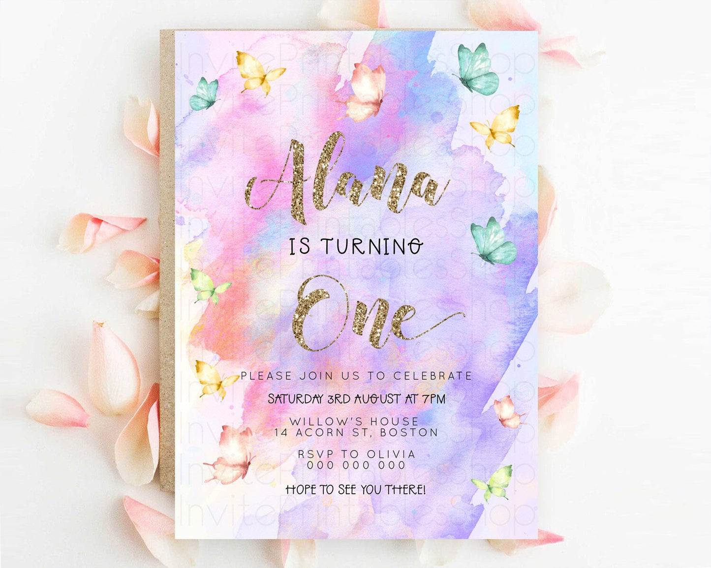 Pastel Butterfly Birthday Invitation Butterfly Birthday Invitation Colorful Splash Glitter Butterfly Garden 1st 2nd Birthday D23247