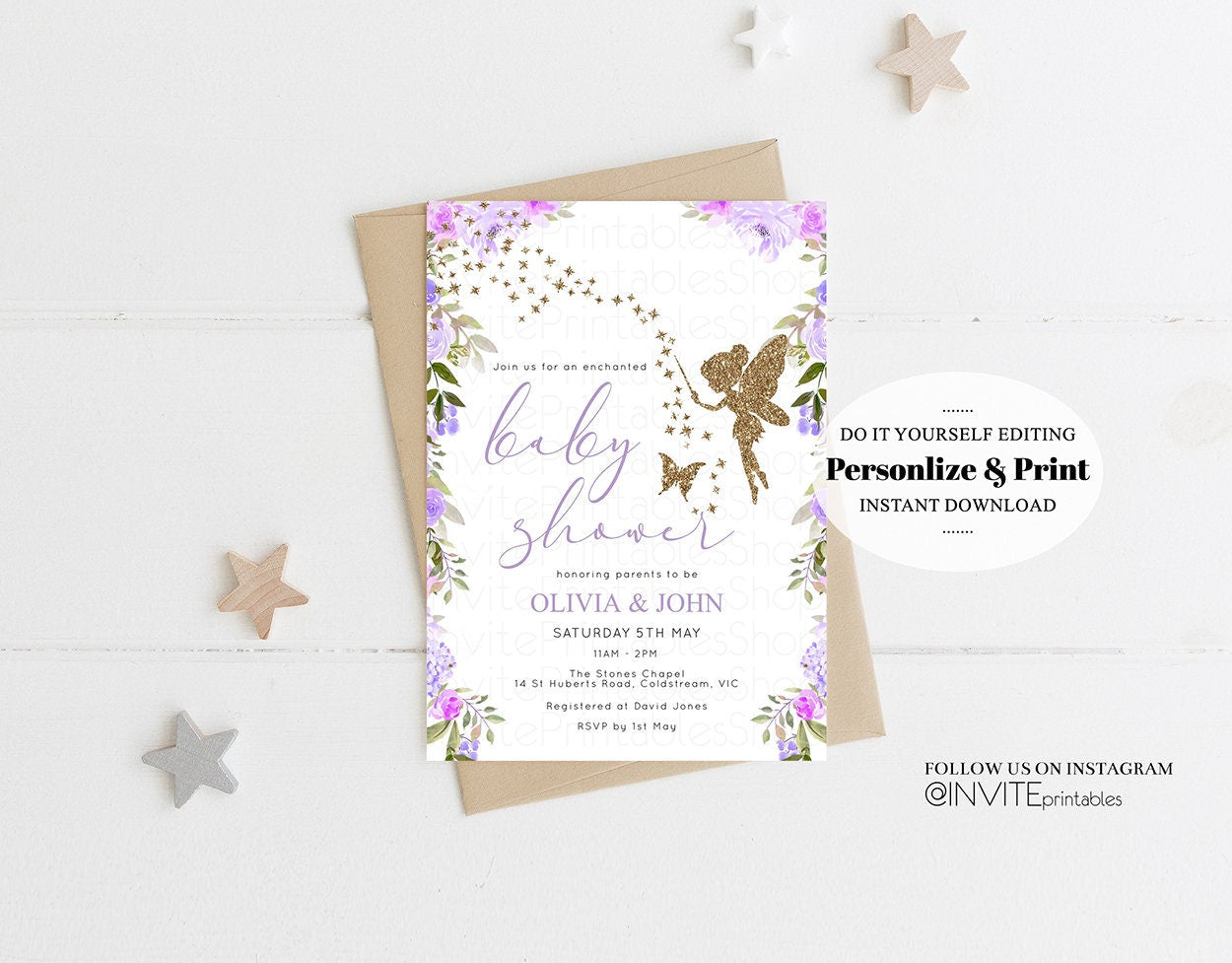 Fairy Baby Shower Invitation Enchanted Baby Shower Bell Enchanted Gold Glitter Pixie Sprinkle Twinkle Stars Purple Flowers White 47