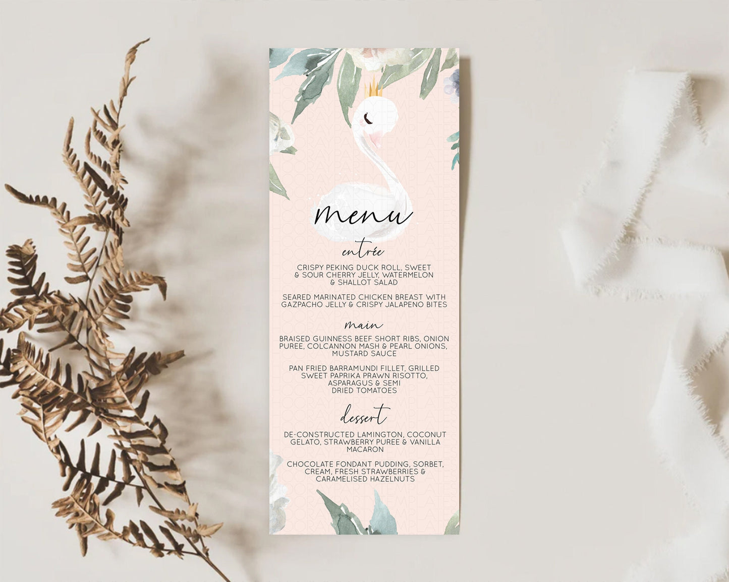 Swan Menu Swan Princess Ballet Menu Template Enchanted Swan Lake Table Decor Secret Garden Pastel Floral Dinner Dessert Food Menu  D10755