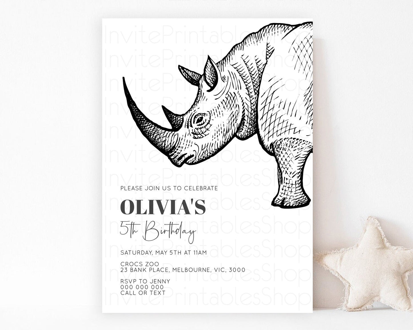 Rhino Birthday Invitation Rhino Invitation Rhino Birthday Rhino Safari Adventure Invite Rhino Palm Leaf Invite Zoo Party D10253