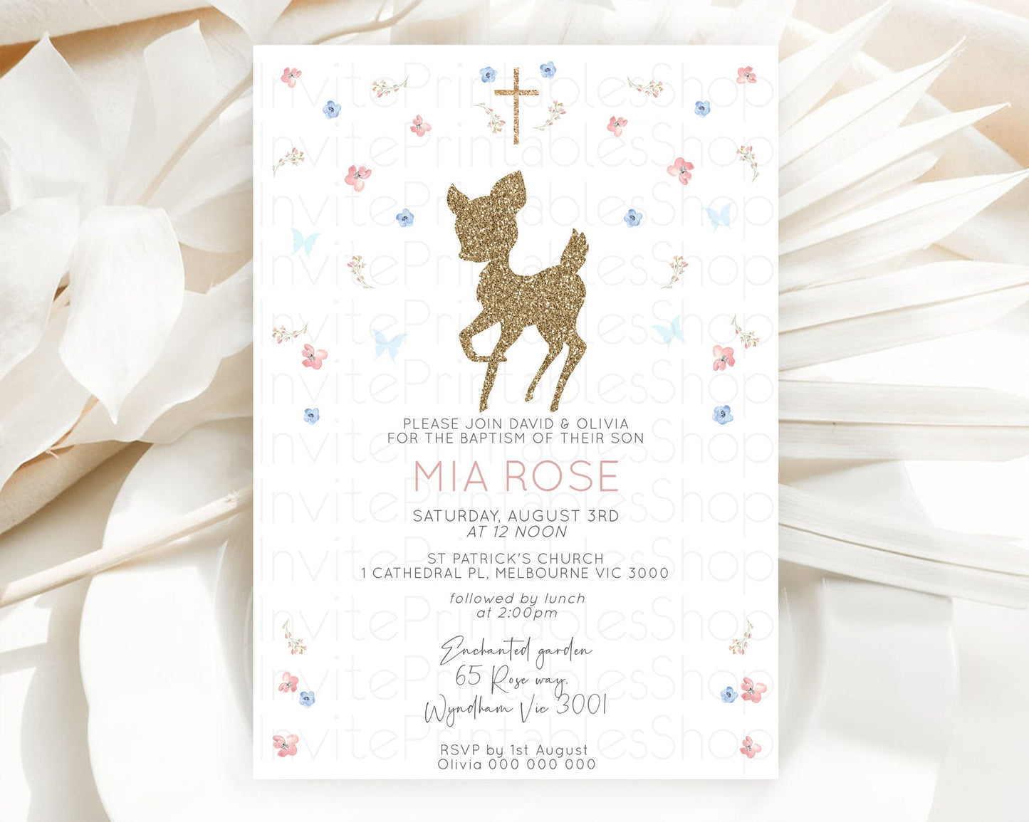 Fawn Baptism Invitation Deer Baptism 1st Birthday Invitation Enchanted Forest Christening Invitation Pastel Garden Butterfly Floral D10359