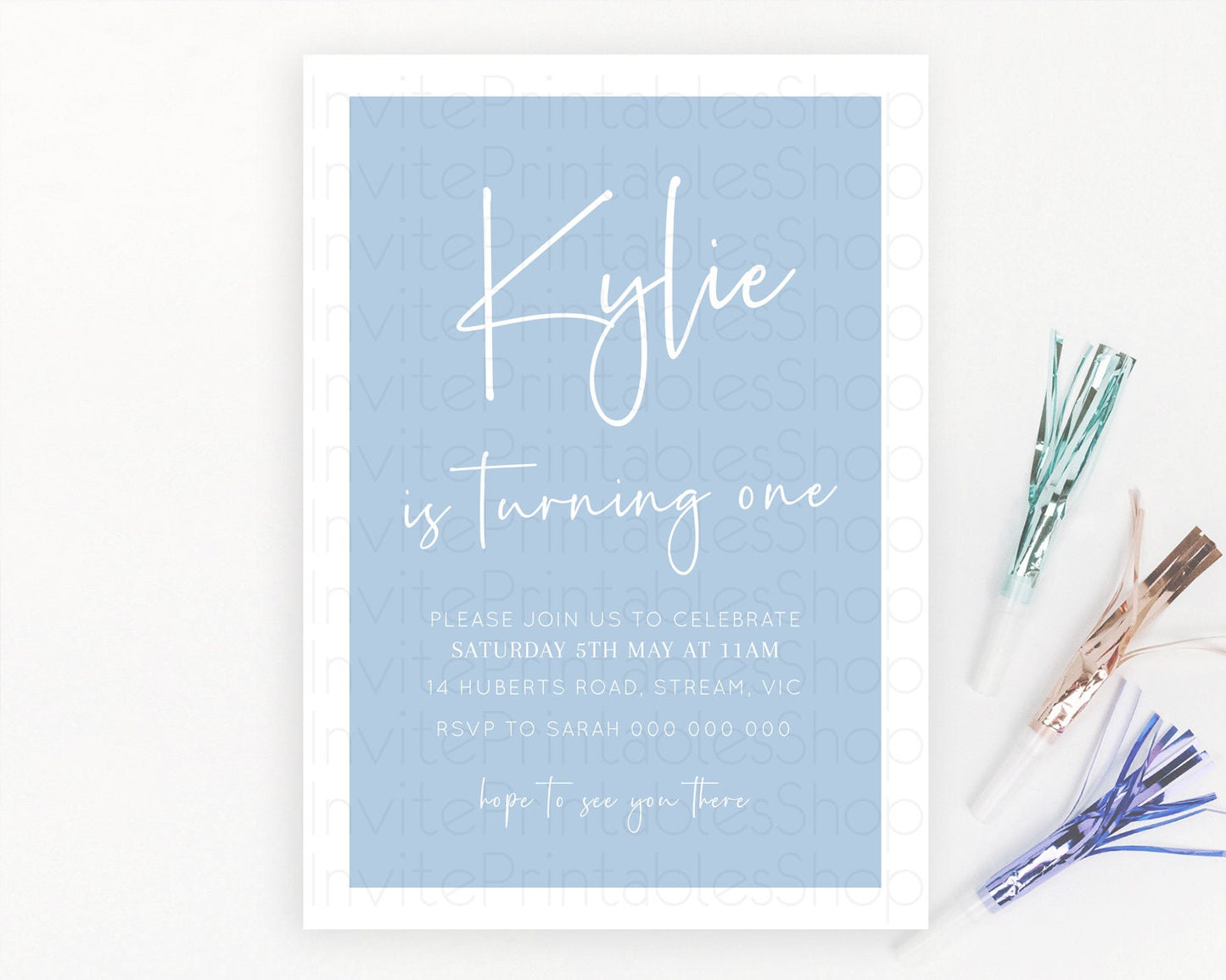 Blue Birthday Invitation Plain Blue Invitation Minimalist Invitation Pastel Blue Invitation Modern Invitation 2nd 1st First Birthday D10734