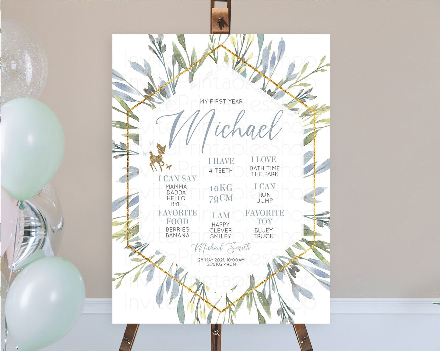 Fawn First Birthday Milestone Board Deer First Birthday Milestone Poster Enchanted Forest Butterfly Pastel Flowers 1st Birthday Sign D10534