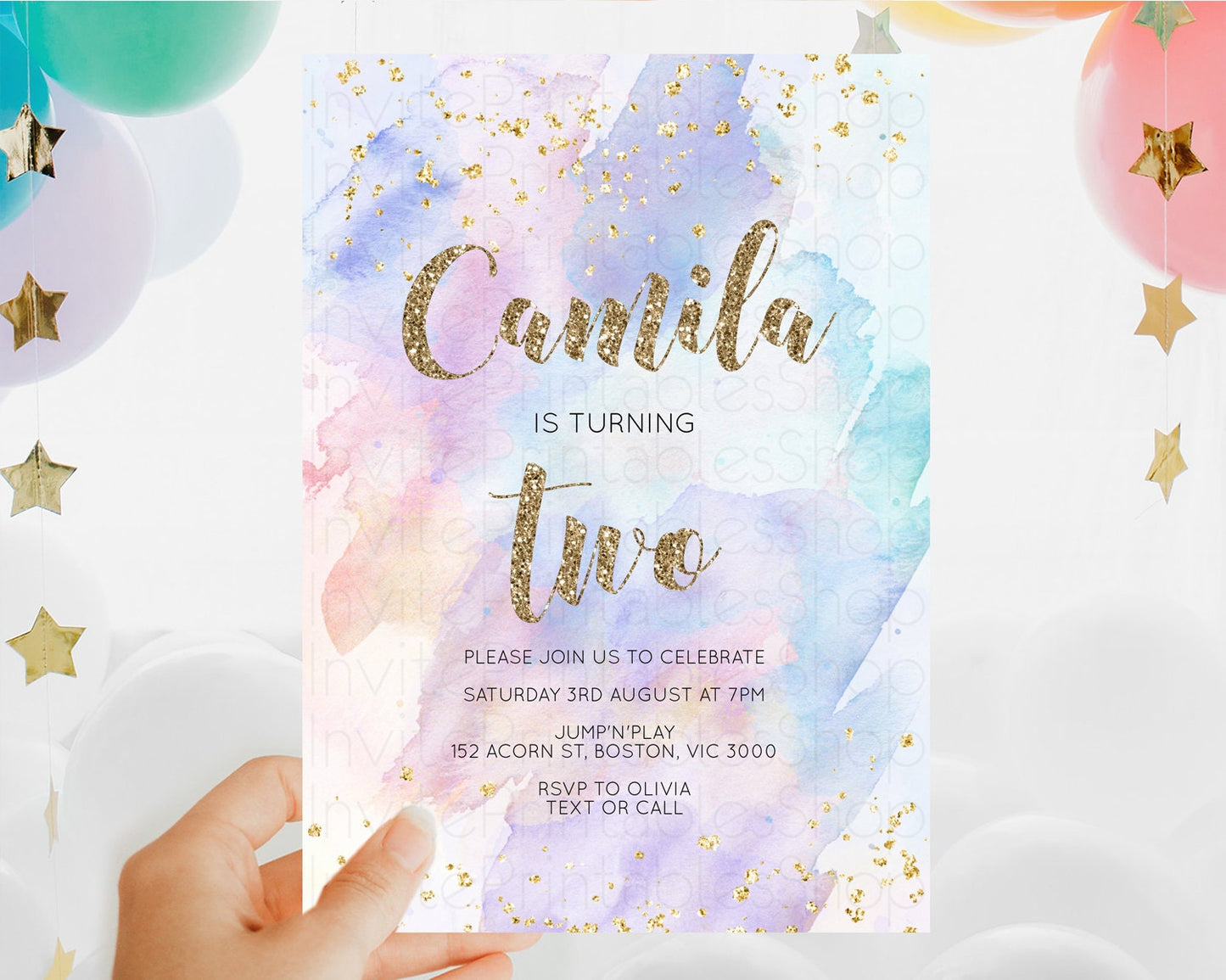 Rainbow Birthday Invitation Colorful Pastel Watercolor Invitation Gold Glitter Sprinkles Ombre Pastel 1st 2nd 3rd Birthday D10583