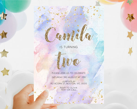 Rainbow Birthday Invitation Colorful Pastel Watercolor Invitation Gold Glitter Sprinkles Ombre Pastel 1st 2nd 3rd Birthday D10583