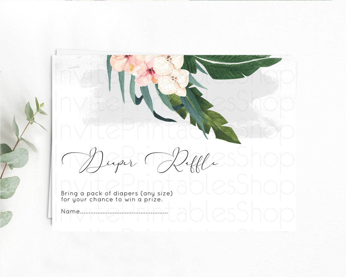 Tropical Diaper Raffle Card Tropical Diaper Raffle Insert Palm Leaf Diaper Ticket Fern Frangipani Floral White Orchid Raffle Game D11011