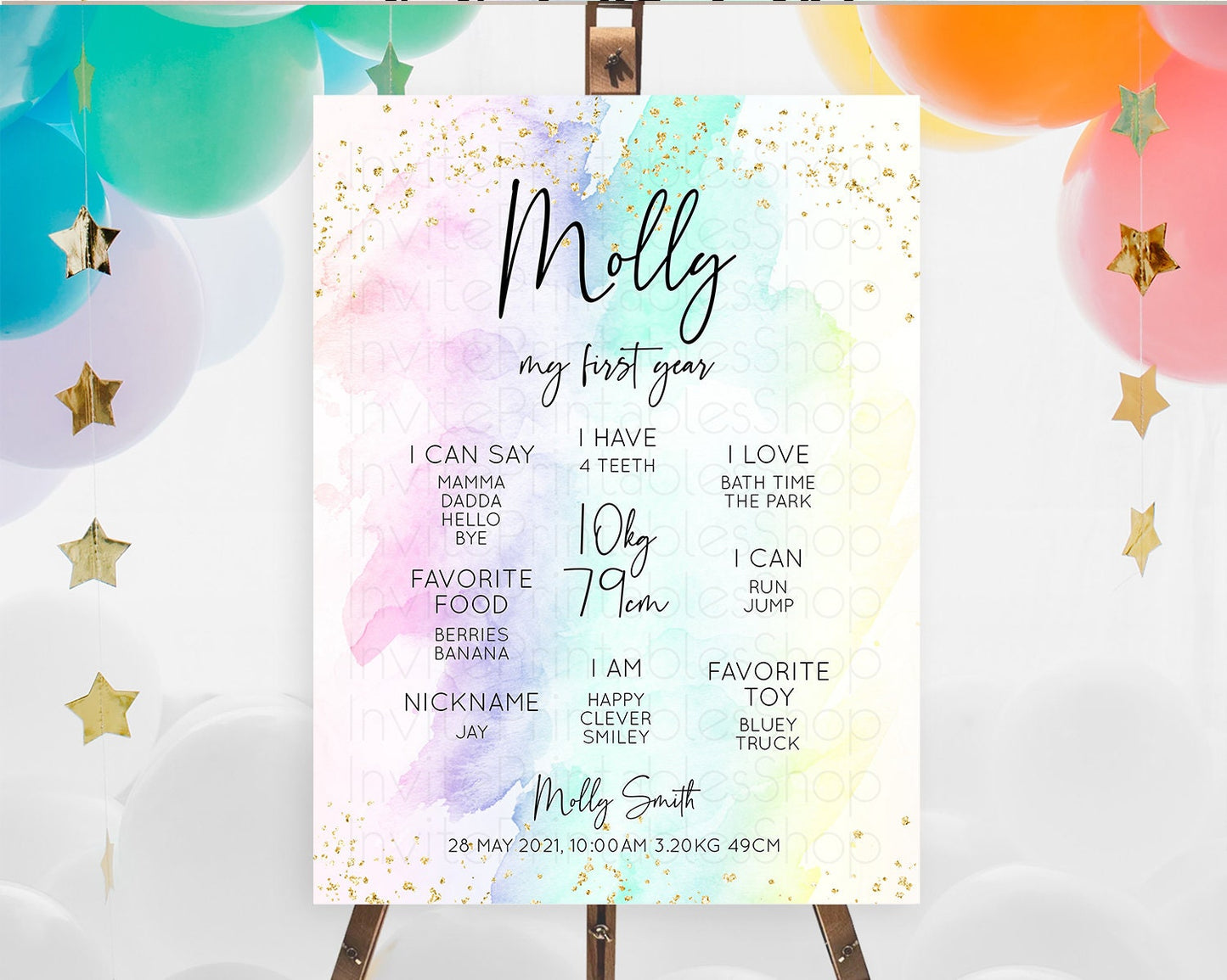 Pastel First Birthday Milestone Board Pastel Rainbow Milestone Poster Colorful Confetti Watercolor Glitter 1st Birthday Welcome Sign D10231