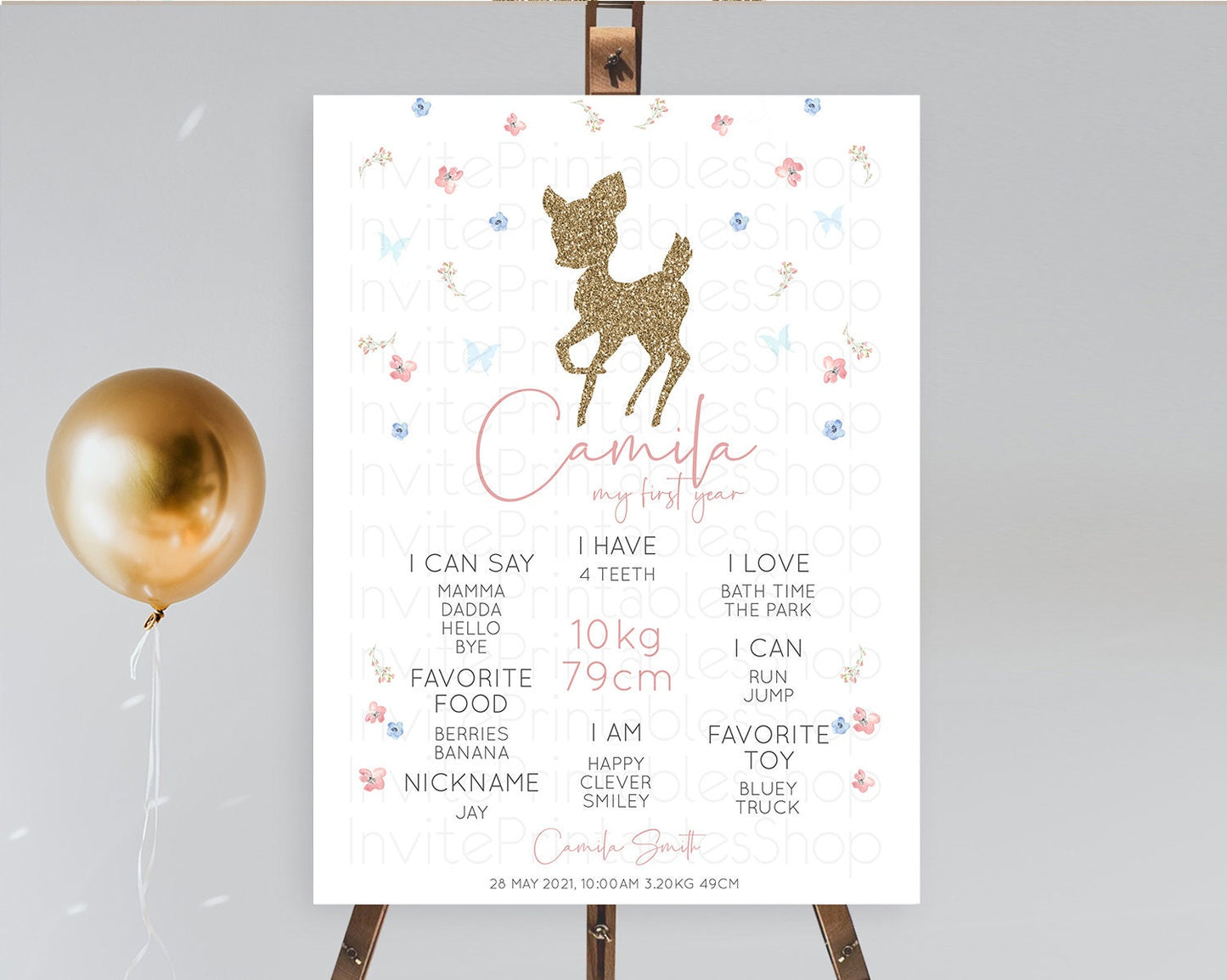 Fawn First Birthday Milestone Board Deer First Birthday Milestone Poster Enchanted Forest Butterfly Pastel Flowers 1st Birthday Sign D10359