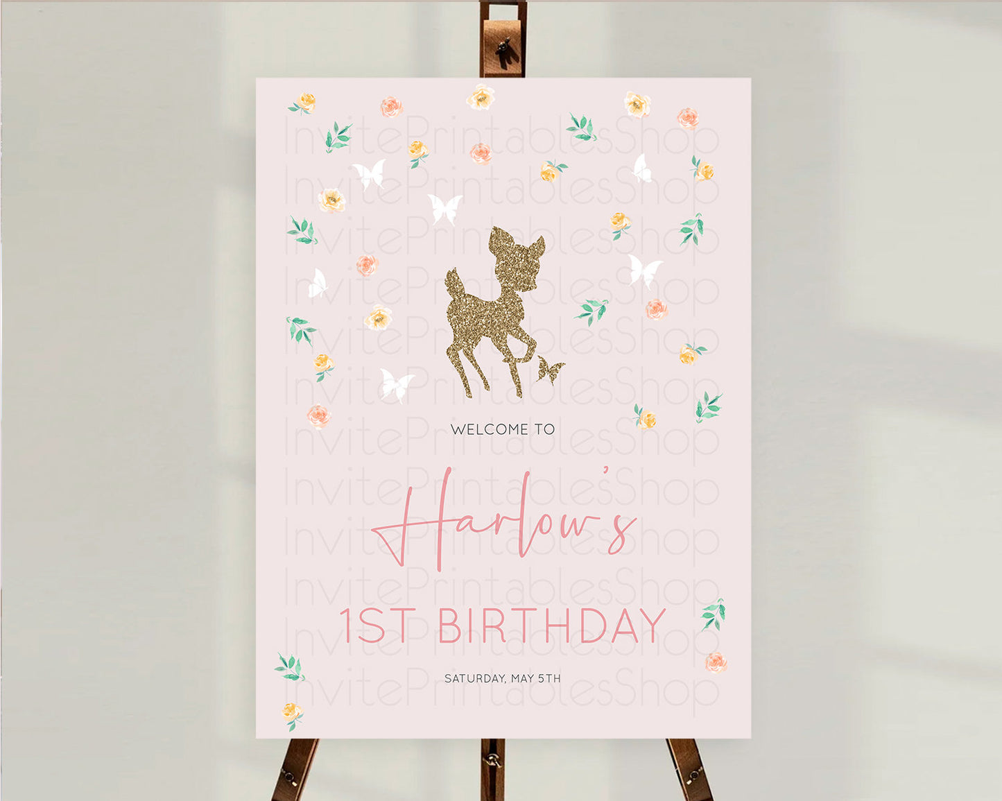 Fawn Welcome Sign Deer Welcome Board Floral Deer Welcome Poster Enchanted Forest Butterfly Pastel Floral First Birthday Welcome Sign D10386