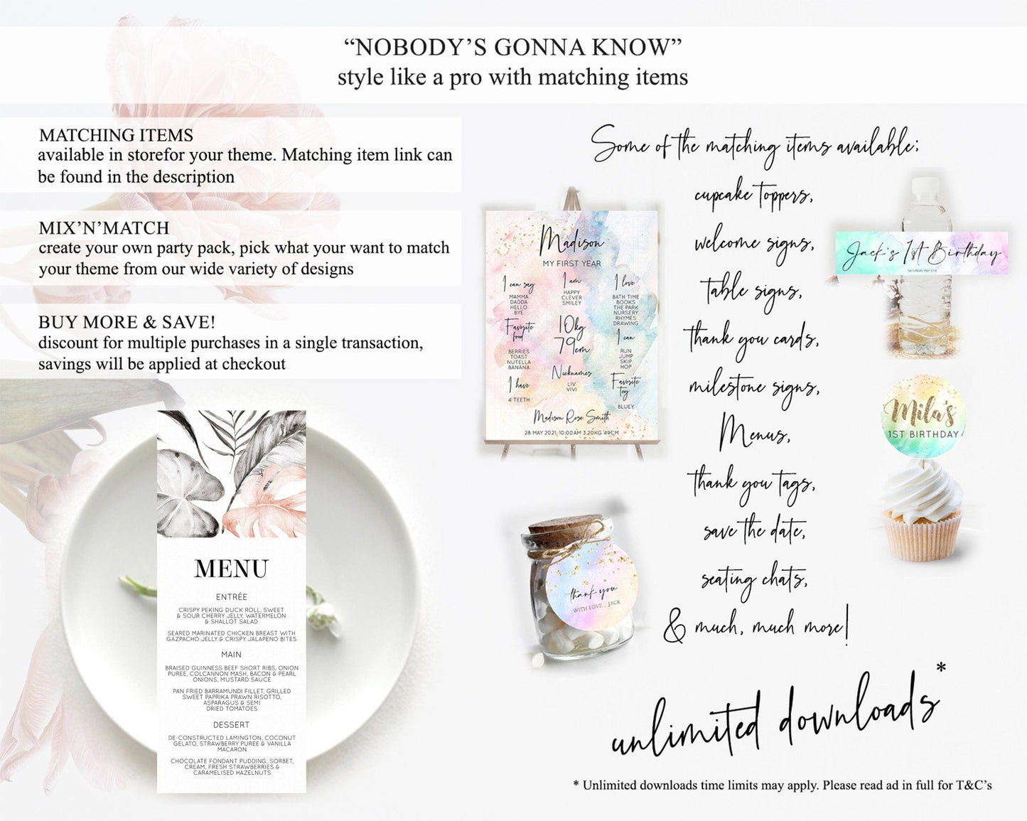 Tropical Menu Template Tropical Menu Palm Leaf Fern Table Decor Frangipani Floral White Orchid Dinner Dessert Menu Party Food Menu D11065