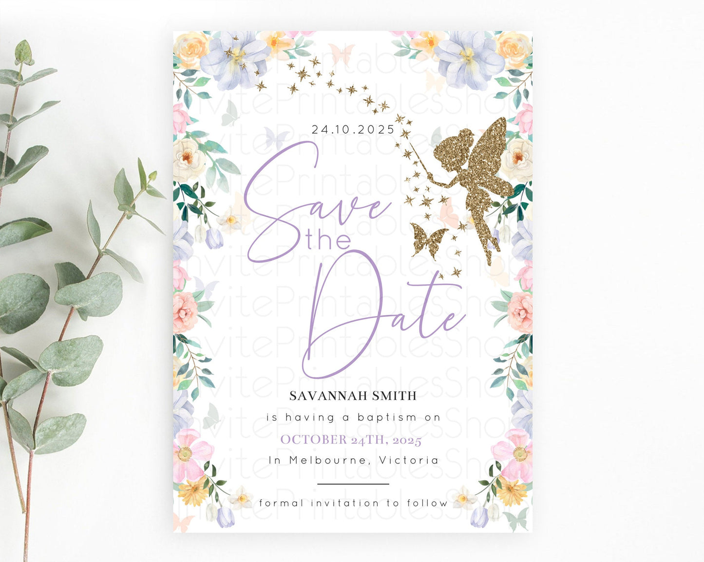 Fairy Save The Date Template Enchanted Garden Pastel Floral Butterfly Party Secret Garden Birthday Baptism Baby Shower Bridal Shower D10474