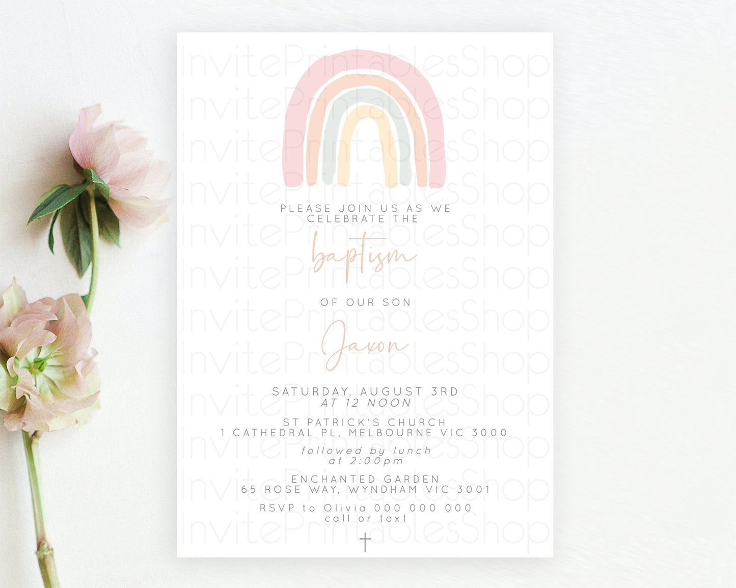 Pastel Rainbow Baptism Invitation Boho Rainbow Baptism 1st Birthday Invitation Rainbow Pastel Watercolor Christening Invitation D10162