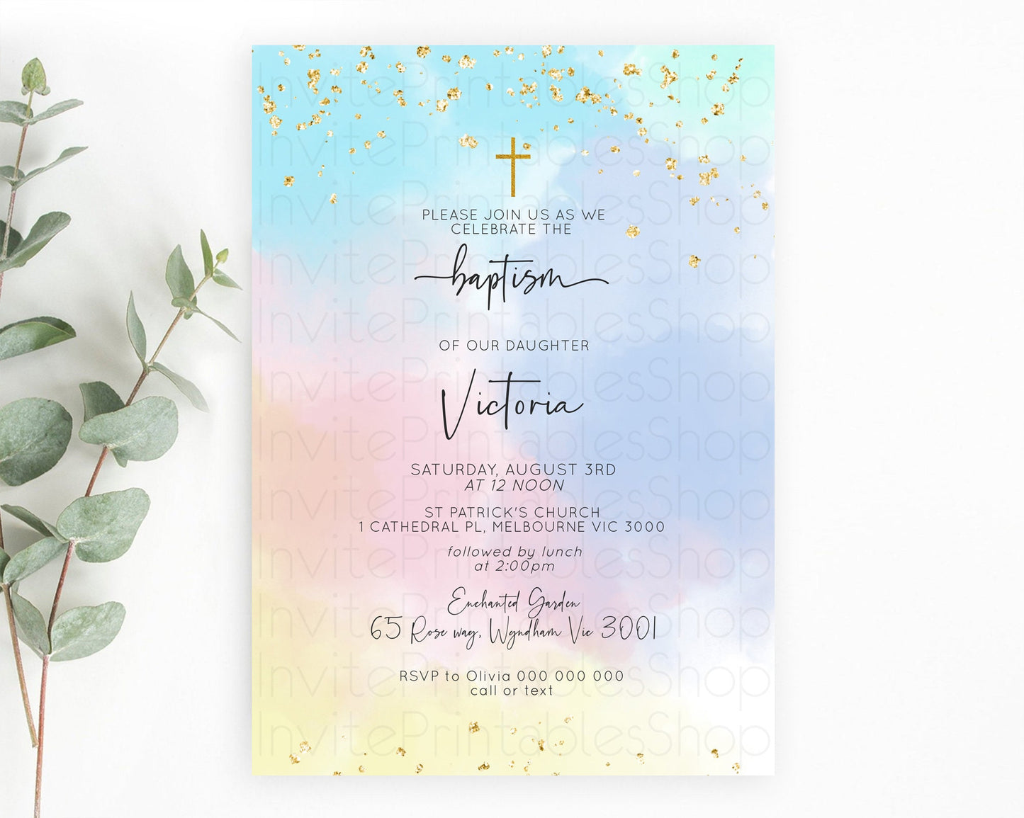 Pastel Baptism Invitation Pastel Colors Watercolor Baptism 1st Birthday Party Gold Ombre Pastel Rainbow Christening Holy Communion D10368