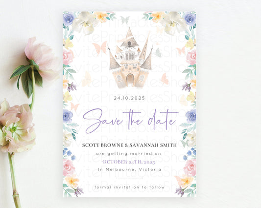 Princess Save The Date Template Secret Garden Enchanted Castle Pastel Floral Royal Party For 1st Birthday Baptism Baby Shower D10709