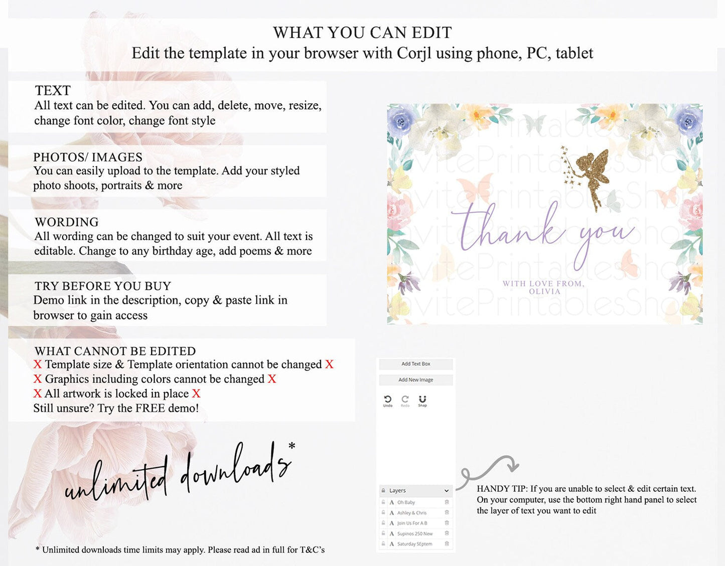 Fairy Thank You Fairy Thank You Card Enchanted Garden Pastel Butterfly Birthday Thank You Floral Secret Garden Teacher Thank You D10761