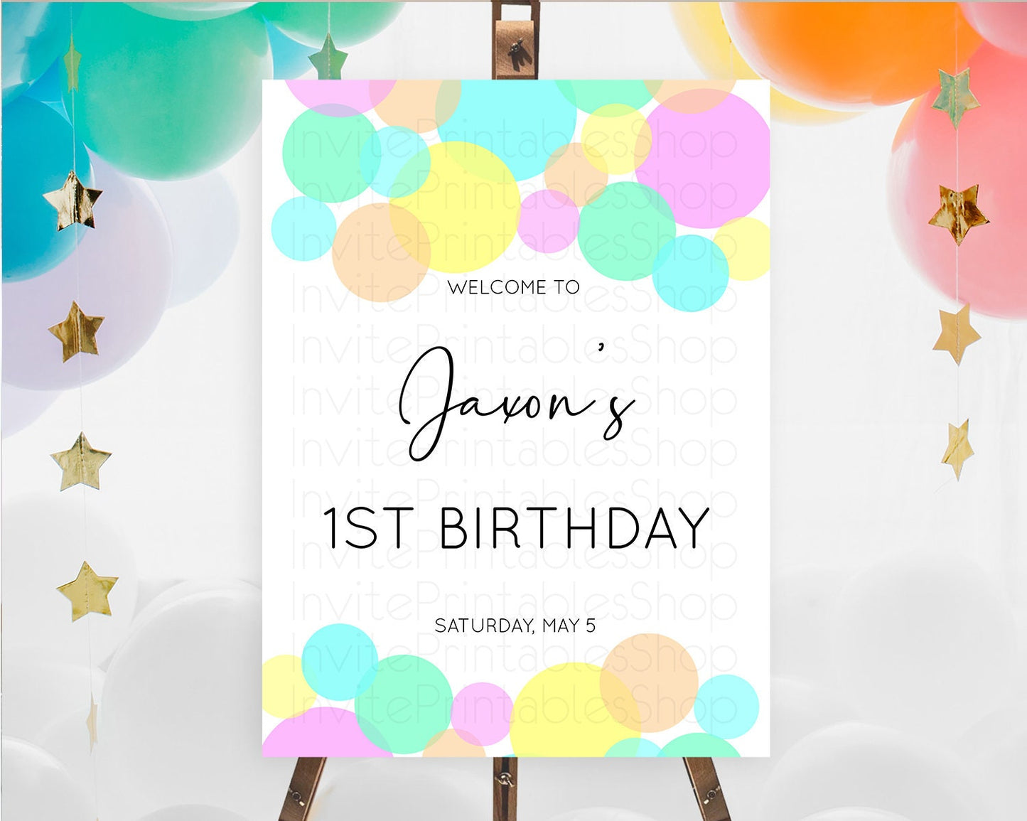 Rainbow Welcome Sign Pastel Welcome Board Pastel Rainbow Confetti Welcome Sign Colorful Bubbles Pastel First Birthday Welcome Sign D10409