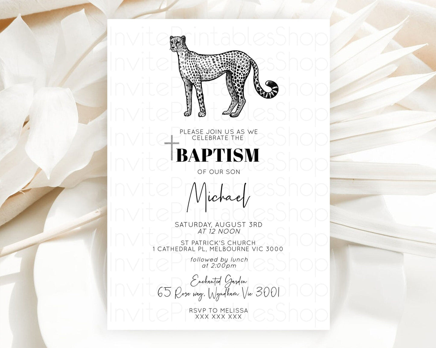 Cheetah Baptism Invitation Cheetah Baptism 1st Birthday Invitation Cheetah Safari Adventure Christening Party Palm Leaf Zoo Cheetah D10290