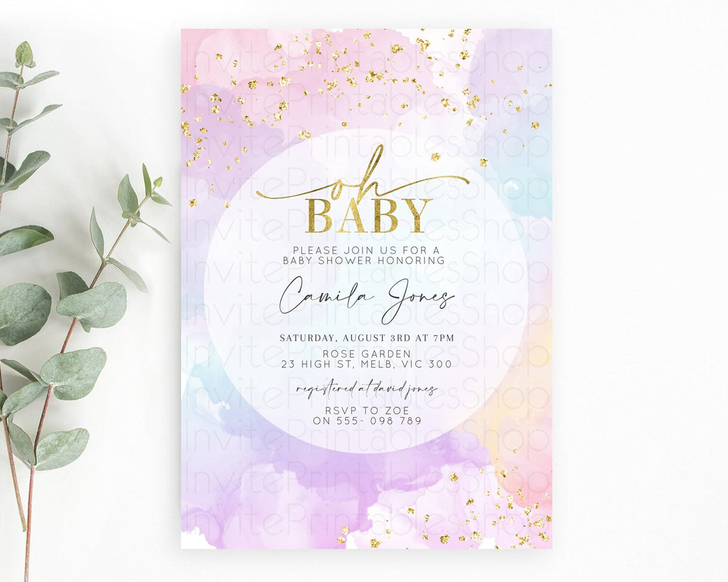 Pastel Baby Shower Invitation Rainbow Baby Shower Invitation Colorful Pastel Watercolor Invitation Gold Glitter Sprinkles Ombre D10623