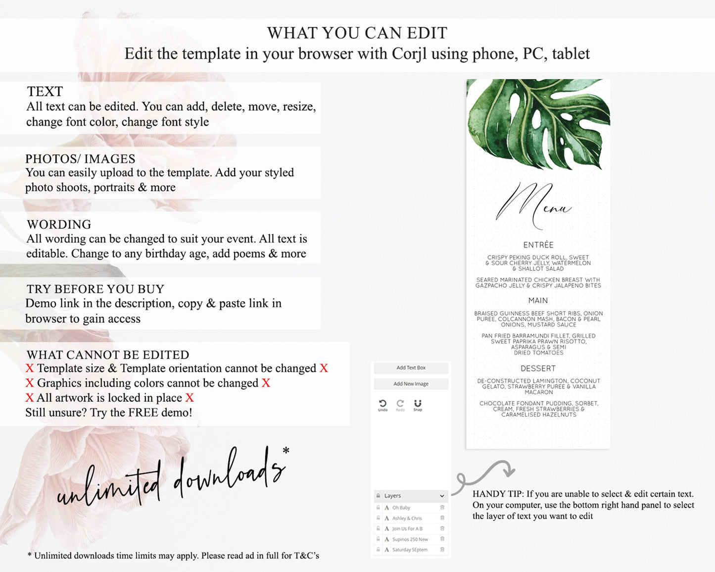 Tropical Menu Template Tropical Menu Palm Leaf Fern Table Decor Frangipani Floral White Orchid Dinner Dessert Menu Party Food Menu D11056