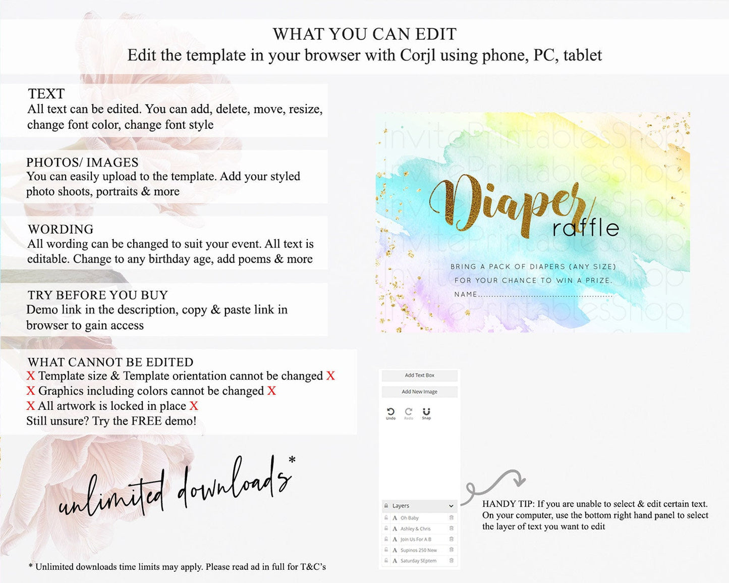 Pastel Diaper Raffle Card Pastel Rainbow Diaper Raffle Insert Colorful Ombre Watercolor Diaper Ticket Confetti Glitter Raffle Game D11026