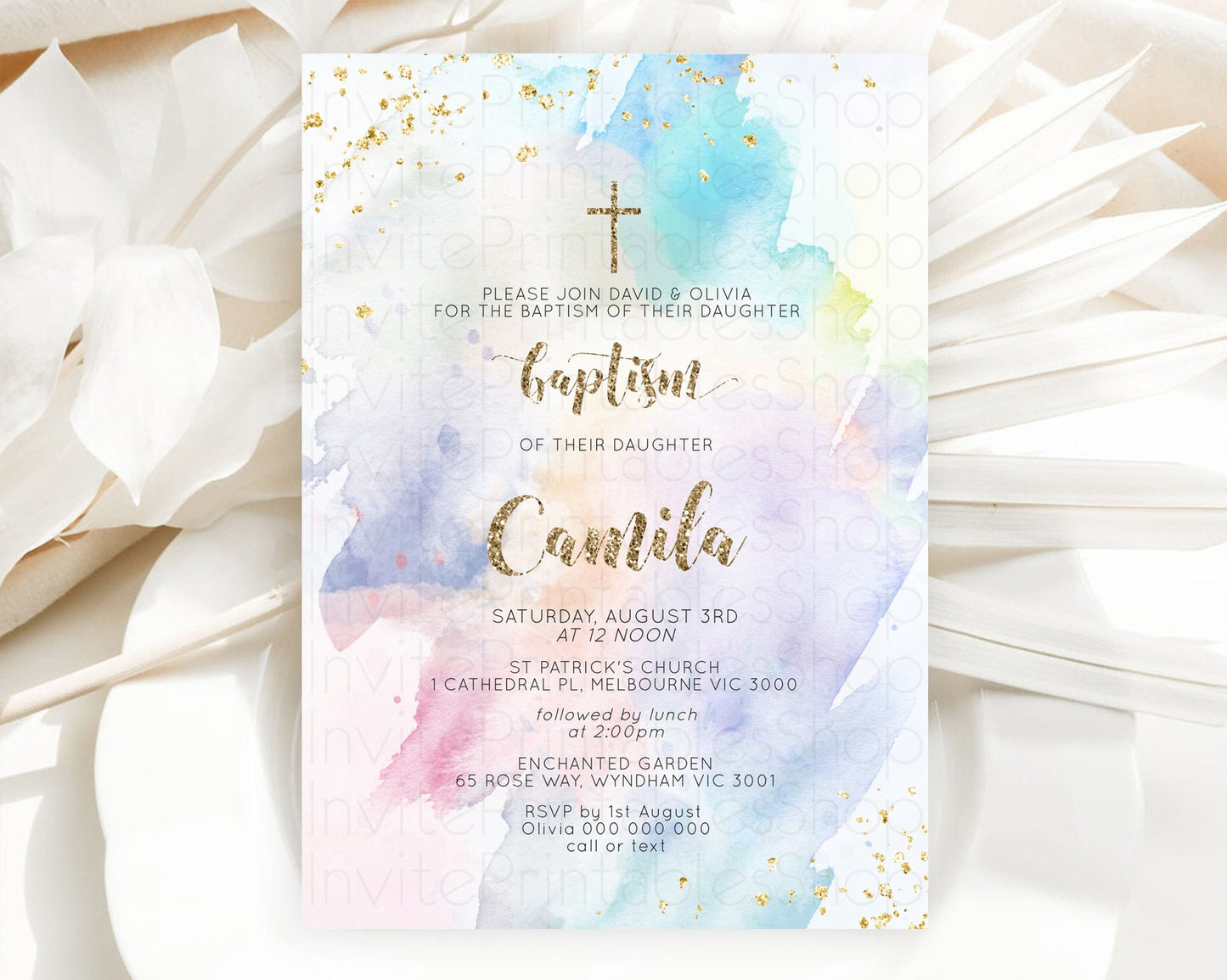 Pastel Baptism Invitation Pastel Colors Watercolor Baptism 1st Birthday Party Gold Ombre Pastel Rainbow Christening Holy Communion D10421