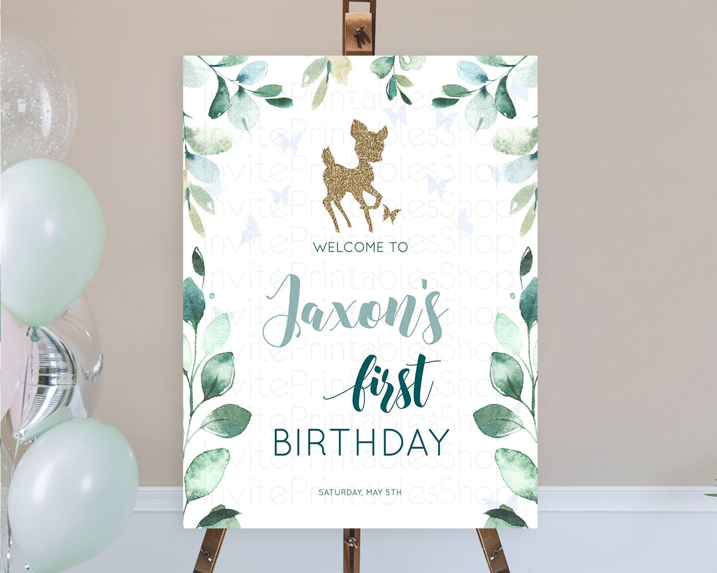 Fawn Welcome Sign Deer Welcome Board Floral Deer Welcome Poster Enchanted Forest Butterfly Pastel Floral First Birthday Welcome Sign D10882