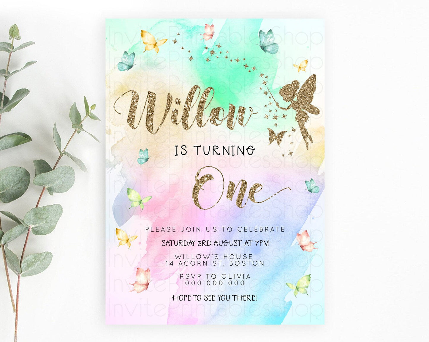 Pastel Fairy Birthday Invitation Pastel Butterflies Fairy Birthday Invitation Rainbow Ombre Watercolor 1st 2nd Birthday Invitation D23353