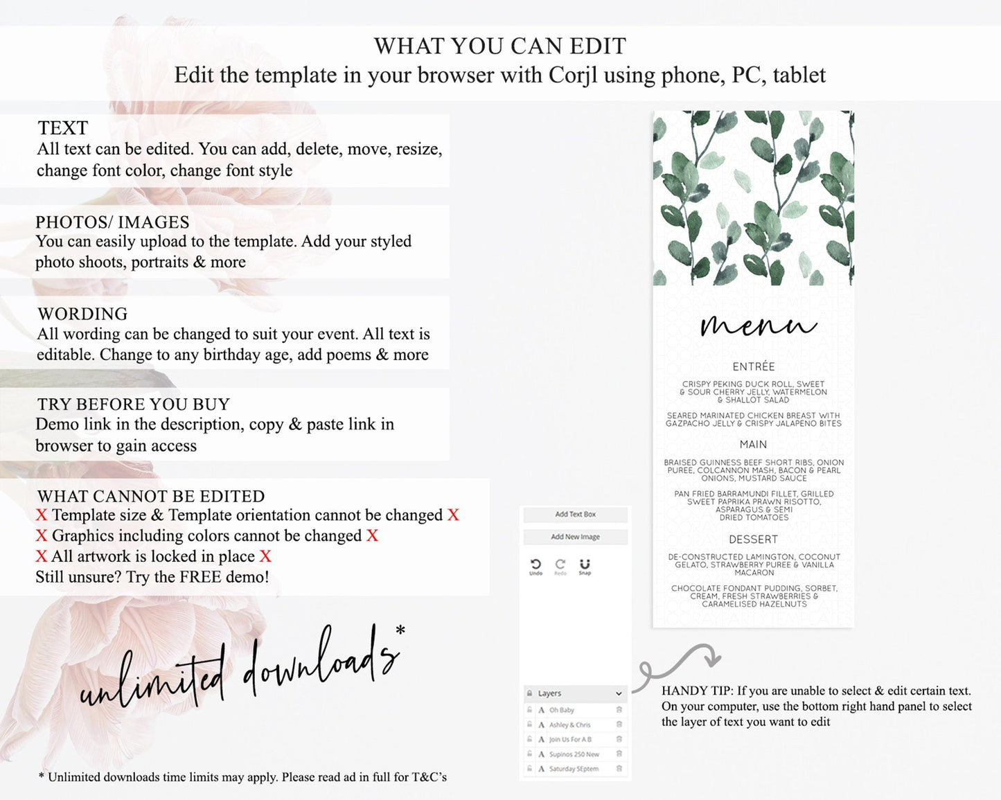 Leafy Menu Green Leaf Menu Template Eucalyptus Fern Leaves Decor Watercolor Boho Garden Leaf Branch Dinner Dessert Party Food Menu D11059