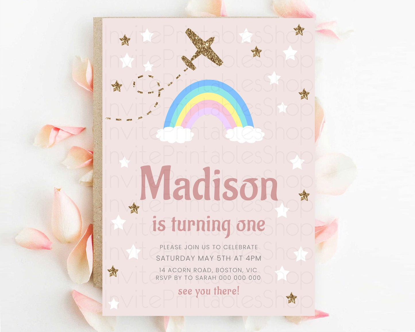 Plane Birthday Invitation Plane Invite Pastel Rainbow Clouds Stars Party Adventure Awaits Up Up Away Glitter 2nd 1st First Birthday D10297