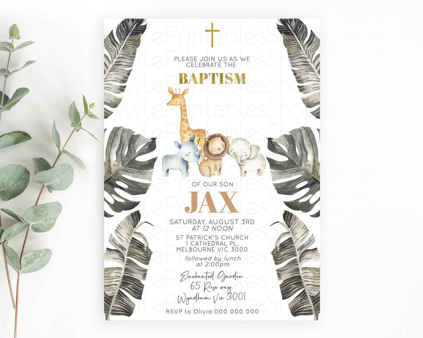 Safari Baptism Invitation Safari Adventure Baptism Birthday Invitation Lion Gorilla Elephant Rhino Tropical Palm Jungle Adventure D10599