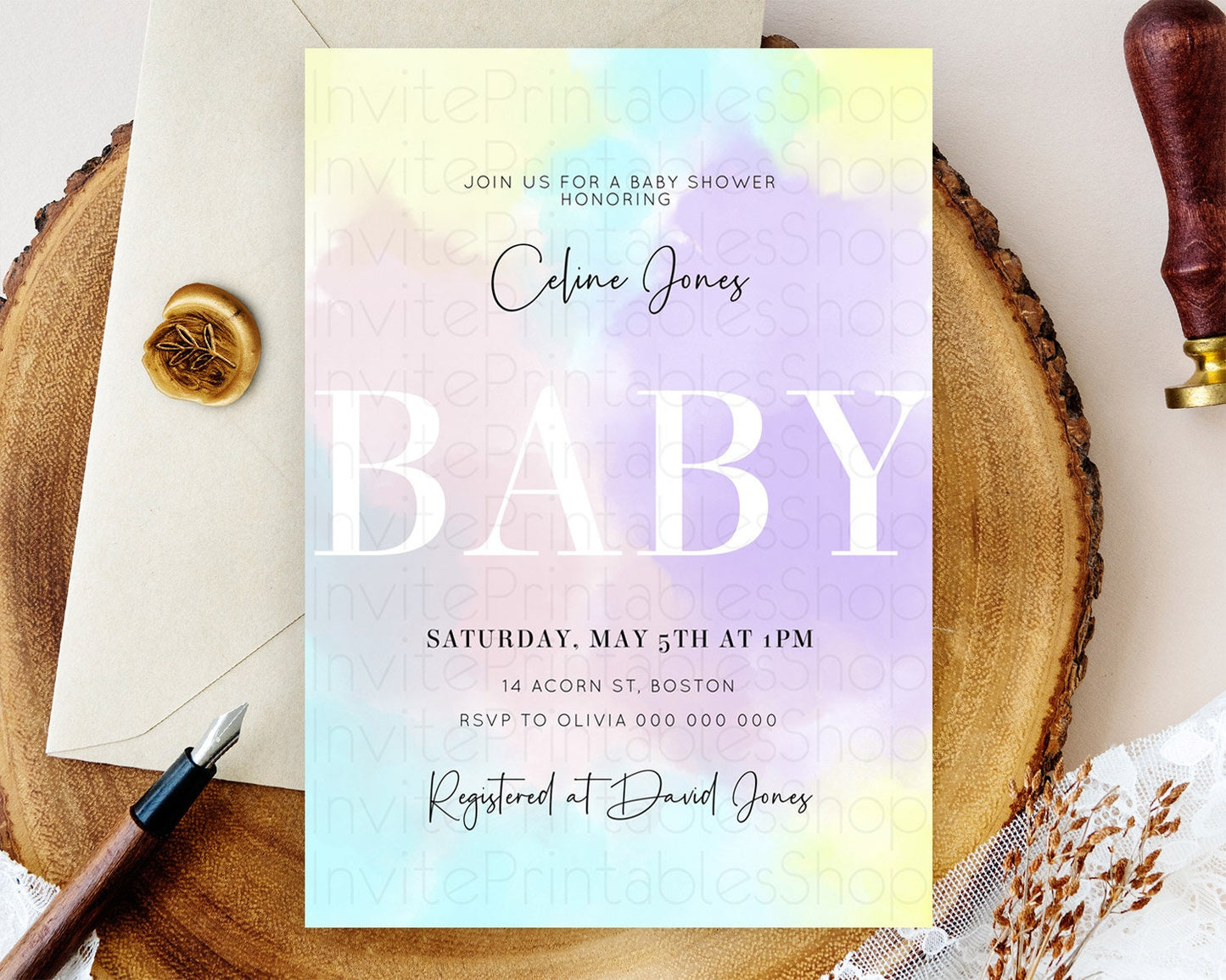 Pastel Baby Shower Invitation Rainbow Baby Shower Invitation Colorful Pastel Watercolor Invitation Gold Glitter Sprinkles Ombre D10617