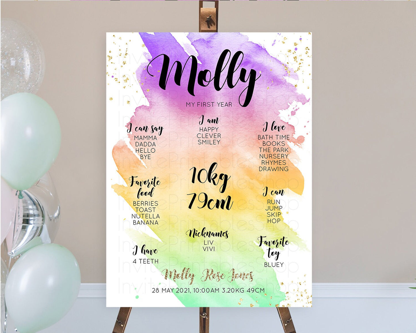 Pastel First Birthday Milestone Board Pastel Rainbow Milestone Poster Colorful Confetti Watercolor Glitter 1st Birthday Welcome Sign D10517