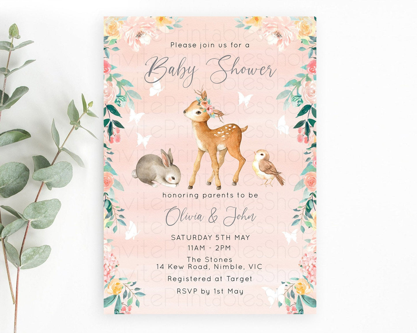 Enchanted Forest Baby Shower Invitation Baby Fawn Invitation Forest Animals, Pastel Deer, Butterflies, Whimsical Pink Orange Flowers D10921