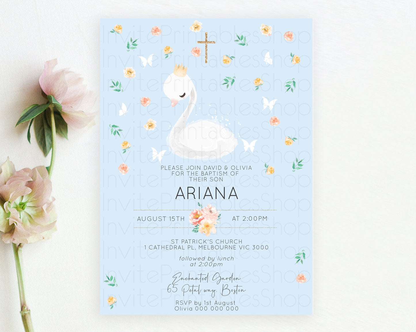 Swan Lake Baptism Invitation Swan Princess Ballet Baptism 1st Birthday Enchanted Forest Secret Garden Watercolour Pastel Floral D10903