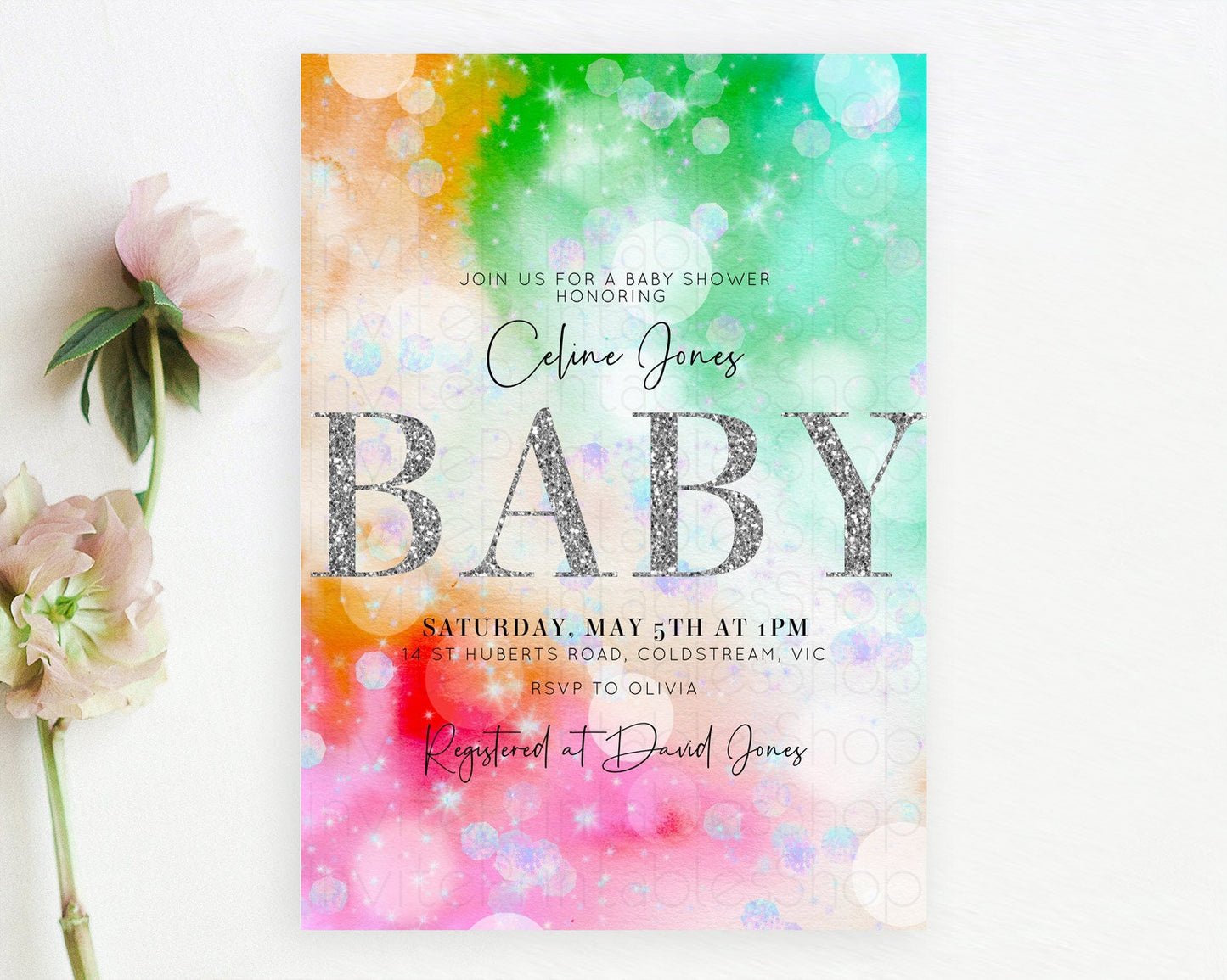 Colorful Baby Shower Invitation: Pastel Watercolor, Ombre Rainbow, Green, Orange, Blue, Red Pink, Silver Glitter, Iridescent Confetti D10691