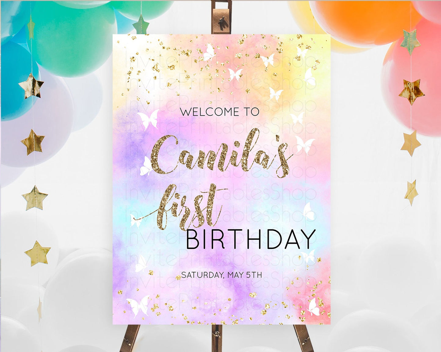 Pastel Welcome Sign Pastel Rainbow Welcome Sign Colorful Rainbow Confetti Watercolor Glitter Pastel First Birthday Welcome Sign D10435