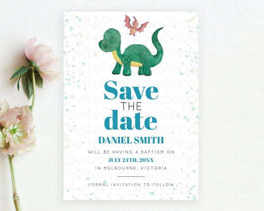 Editable Dinosaur Save The Date Template Dinosaur Volcano Watercolor Volcano