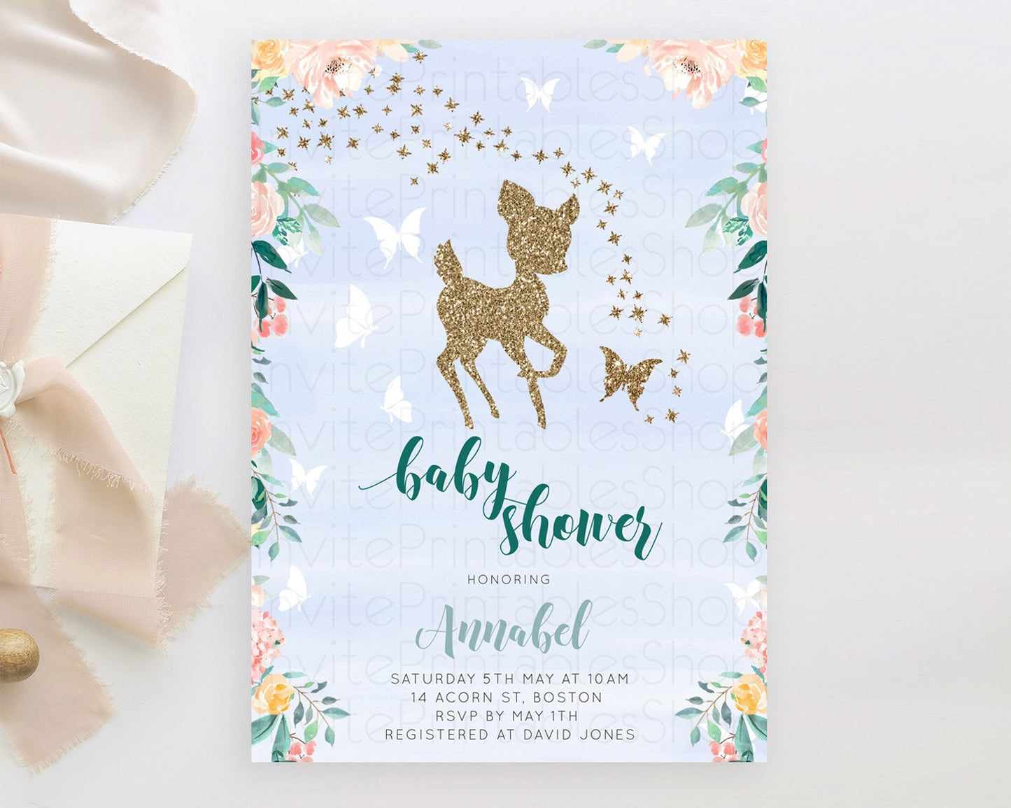 Fawn Baby Shower Invitation Deer Baby Shower Invites Enchanted Forest Theme Butterfly Pastel Flowers Whimsical Baby Shower D10875