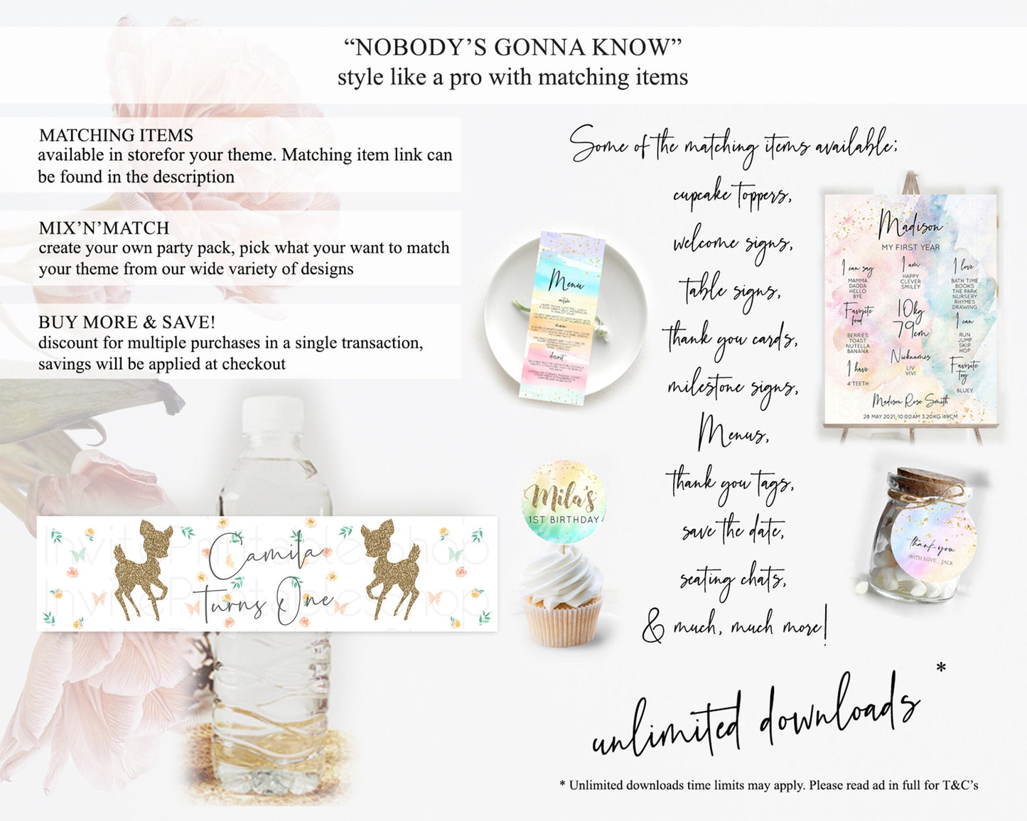 Fawn Deer Water Label Template Pastel Floral Deer Enchanted Forest Butterfly Party Decor Birthday Baptism Baby Shower Bridal Shower D10355