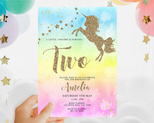 Unicorn Rainbow Birthday Invitation Pastel Birthday Invite Magical Ombre Invite Colorful Watercolor Invite Glitter Sprinkle Party D10499