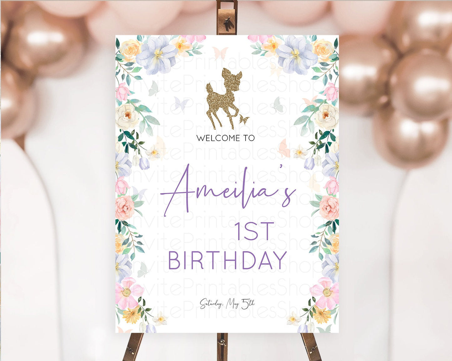 Fawn Welcome Sign Deer Welcome Board Floral Deer Welcome Poster Enchanted Forest Butterfly Pastel Floral First Birthday Welcome Sign D10477