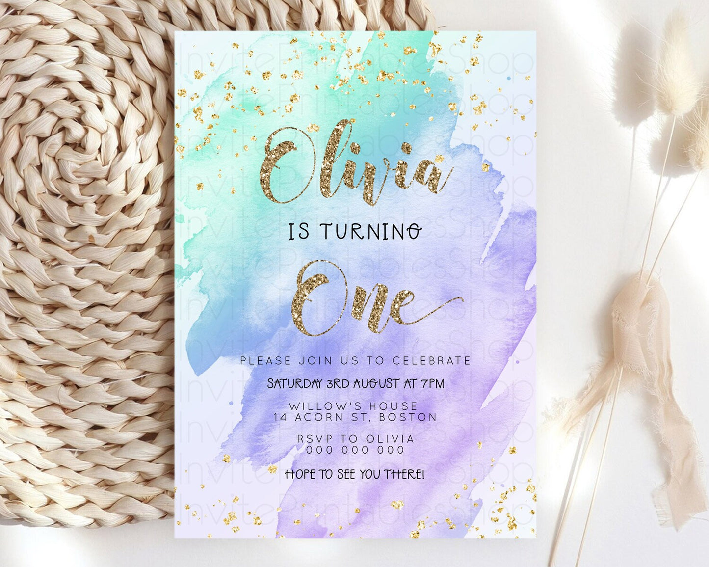 Rainbow Birthday Invitation Colorful Pastel Watercolor Invitation Gold Glitter Sprinkles Ombre Pastel 1st 2nd 3rd Birthday D23288