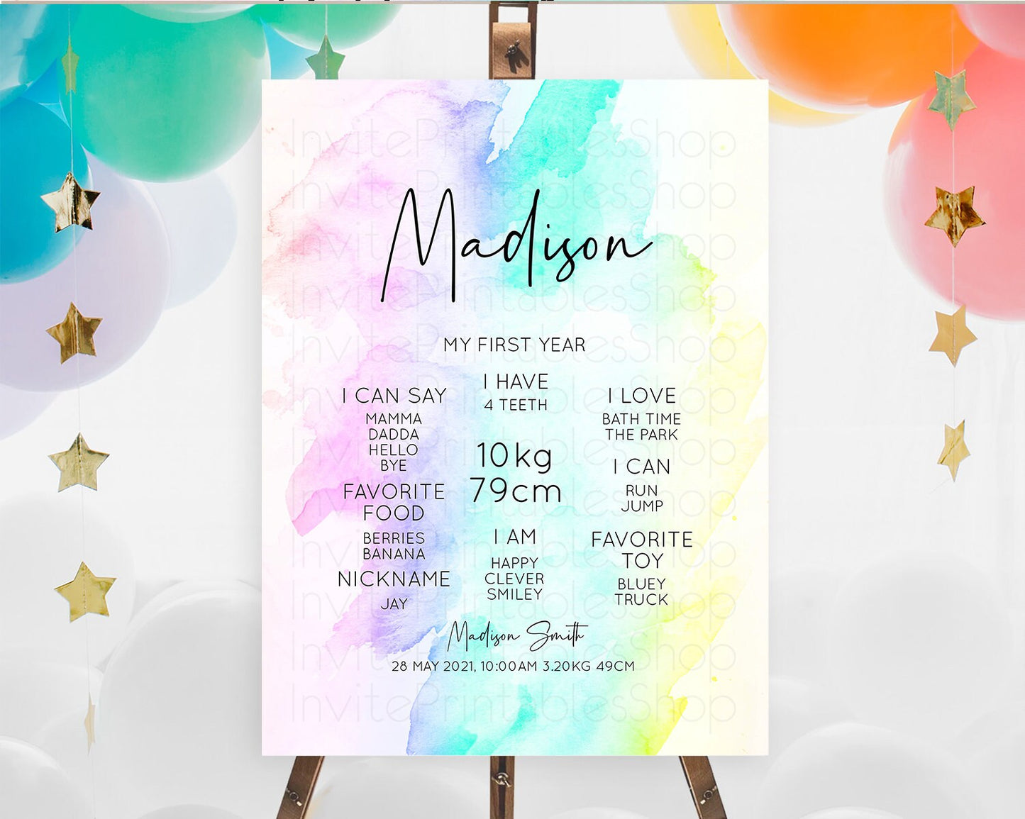 Pastel First Birthday Milestone Board Pastel Rainbow Milestone Poster Colorful Confetti Watercolor Glitter 1st Birthday Welcome Sign D10231