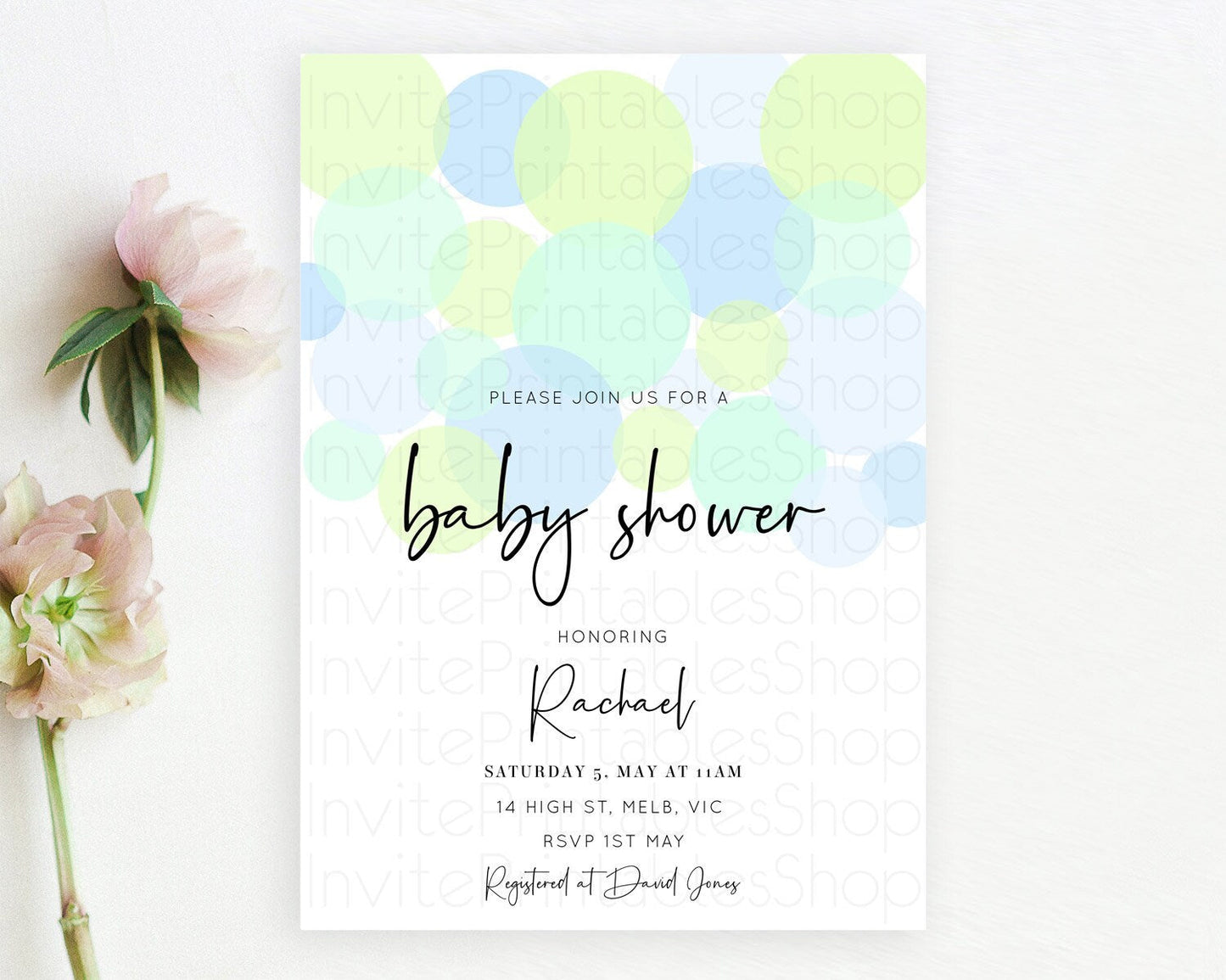 Confetti Baby Shower Invitation, Pastel Rainbow Theme Colorful Sprinkles, Bubbles - Light Blue, Lime Green, Blue Grey POP Invitation D10227