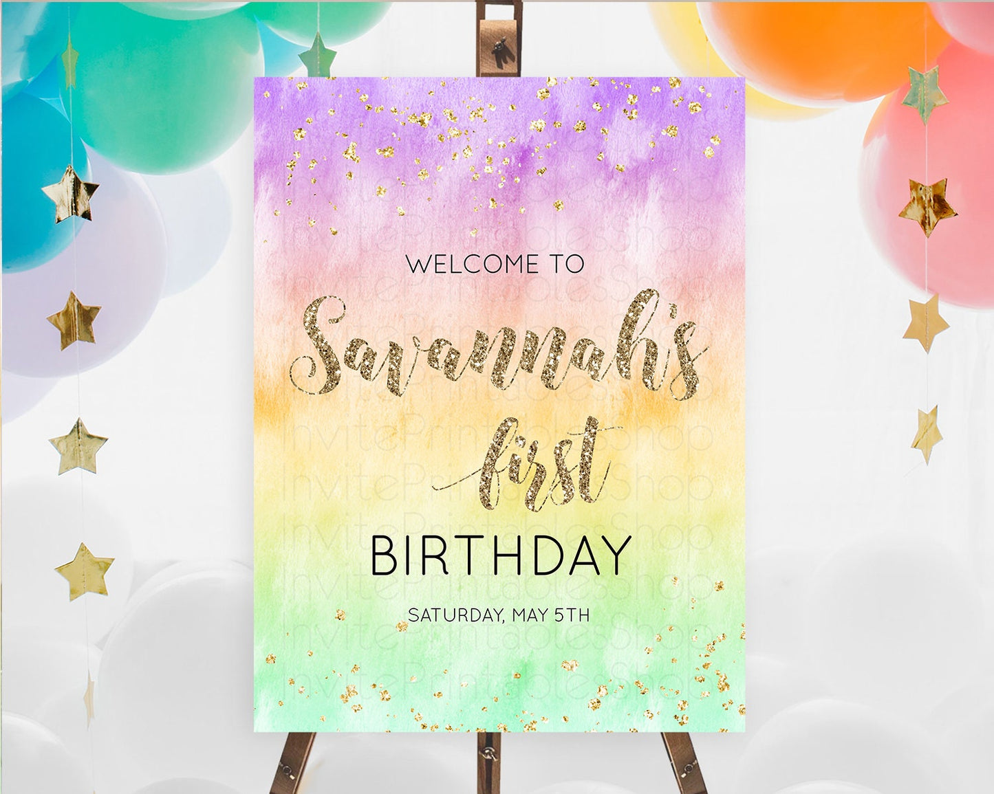 Pastel Welcome Sign Pastel Rainbow Welcome Sign Colorful Rainbow Confetti Watercolor Glitter Pastel First Birthday Welcome Sign D10512