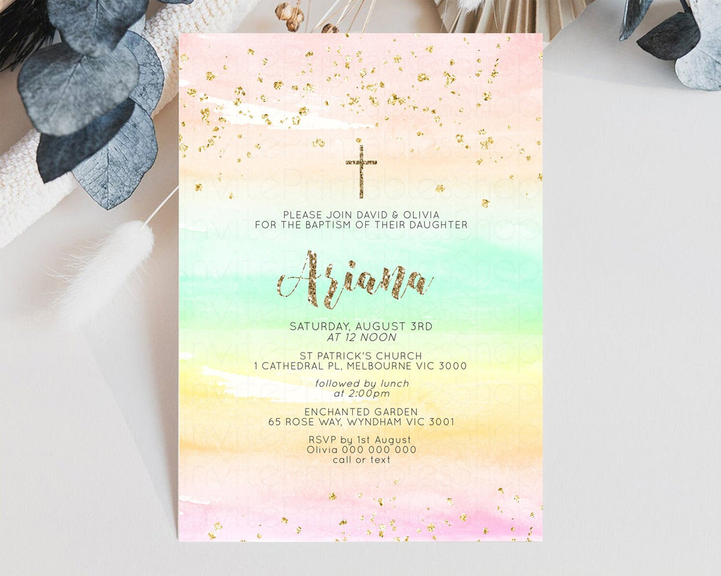 Rainbow Baptism invitation Pastel Orange Christening Invite Ombre Watercolor Invite Colors Yellow Pink Green Glitter Gold Cross Invite G581